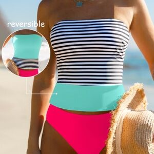 Reversible Striped Bandeau Tankini Top in Black/White with Aqua & Fuchsia
